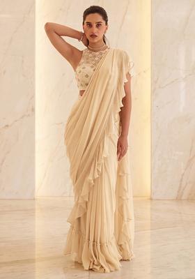 Cream Embroidered Handwork Pre Draped Saree Set