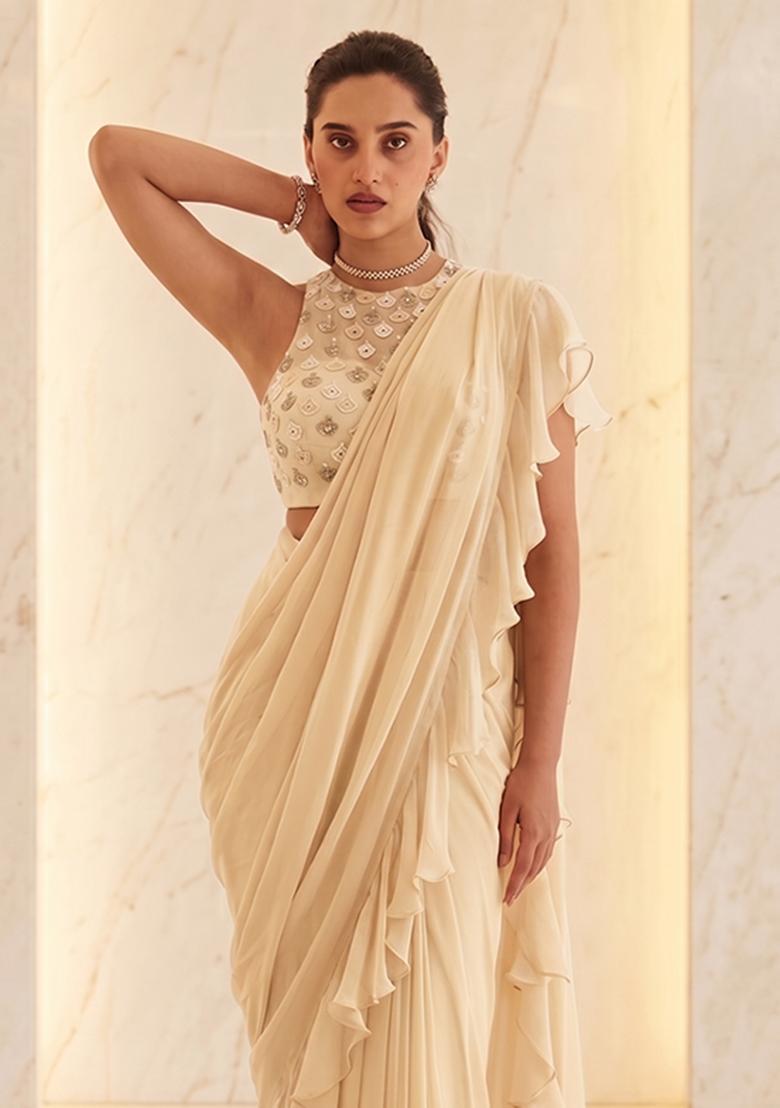 Cream Embroidered Handwork Pre Draped Saree Set - Indya