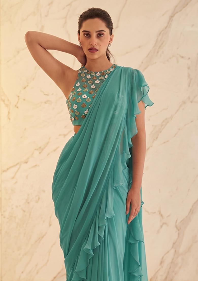 Teal Embroidered Handwork Pre Draped Saree Set - Indya