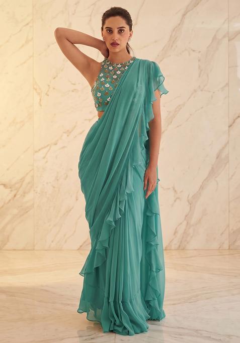 Teal Embroidered Handwork Pre Draped Saree Set