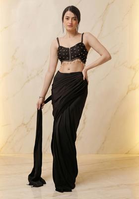 Black Embroidered Handwork Pre Draped Saree Set