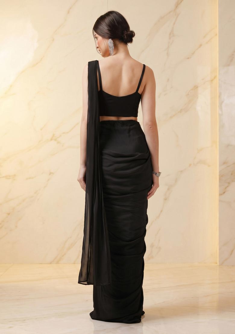 Black Embroidered Handwork Pre Draped Saree Set - Indya