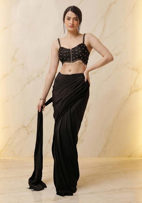 Black Embroidered Handwork Pre Draped Saree Set