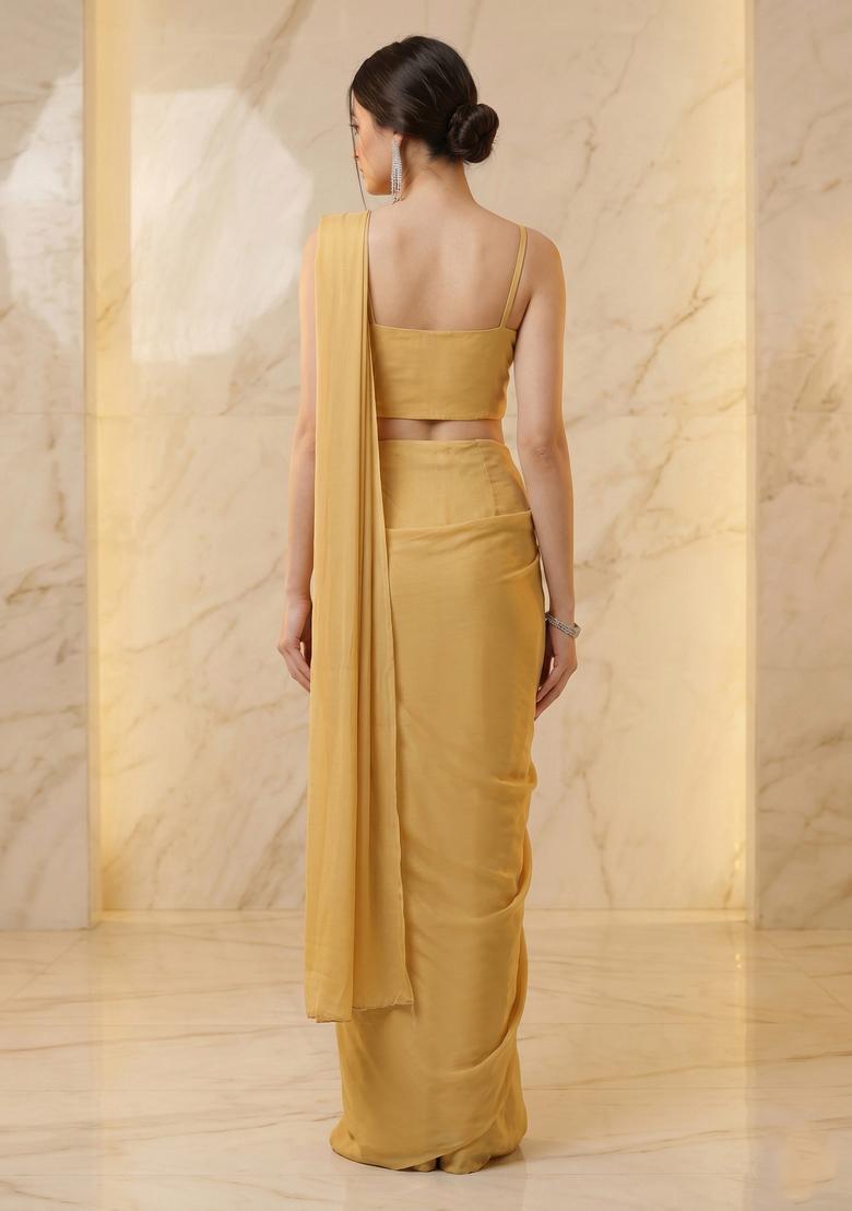 Cream Gold Embroidered Handwork Pre Draped Saree Set - Indya