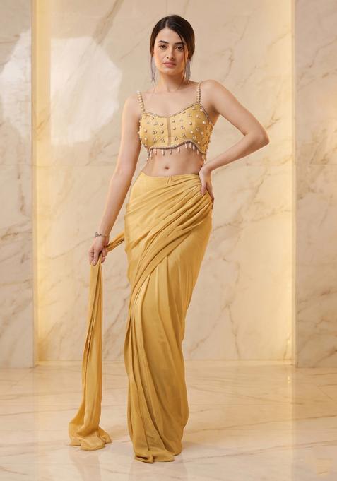 Cream Gold Embroidered Handwork Pre Draped Saree Set