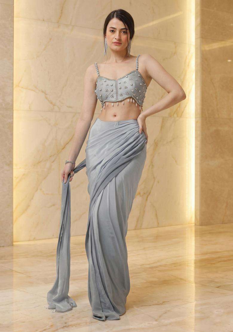 Grey Embroidered Handwork Pre Draped Saree Set - Indya