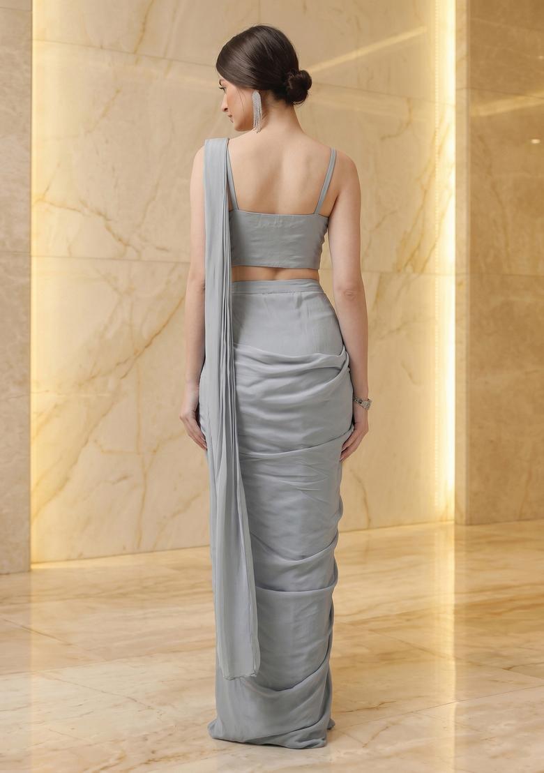 Grey Embroidered Handwork Pre Draped Saree Set - Indya