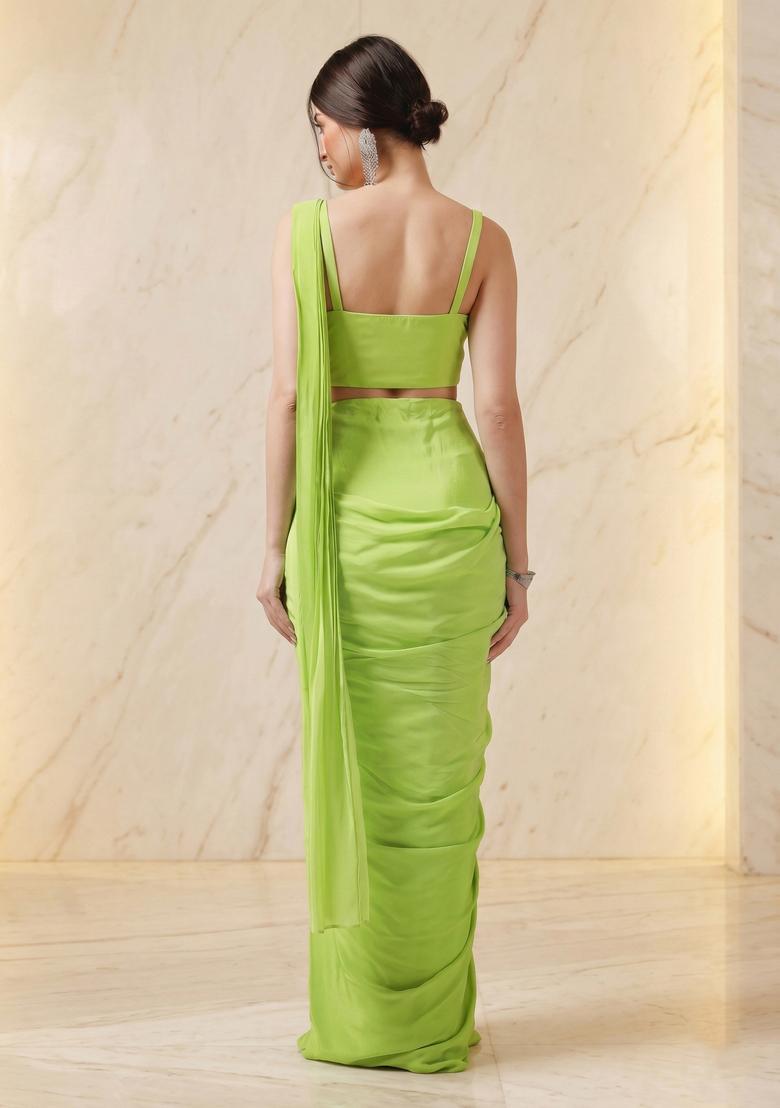 Lime Green Embroidered Handwork Pre Draped Saree Set - Indya
