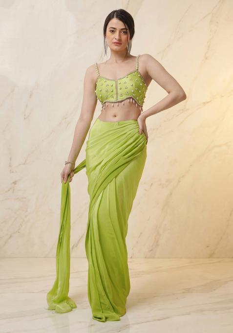 Lime Green Embroidered Handwork Pre Draped Saree Set