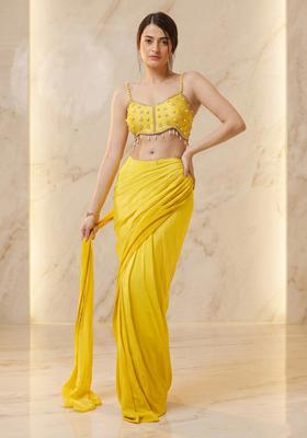 Lemon Yellow Embroidered Handwork Pre Draped Saree Set