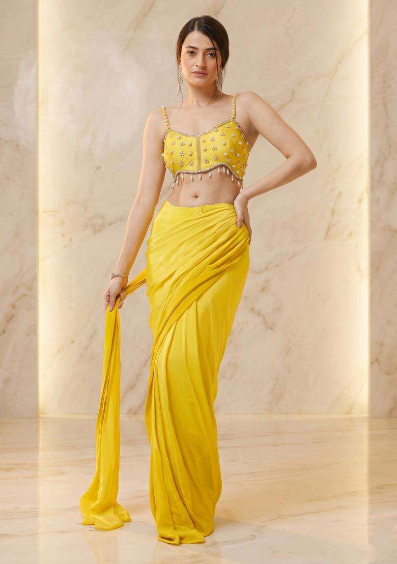 Lemon Yellow Embroidered Handwork Pre Draped Saree Set - Indya