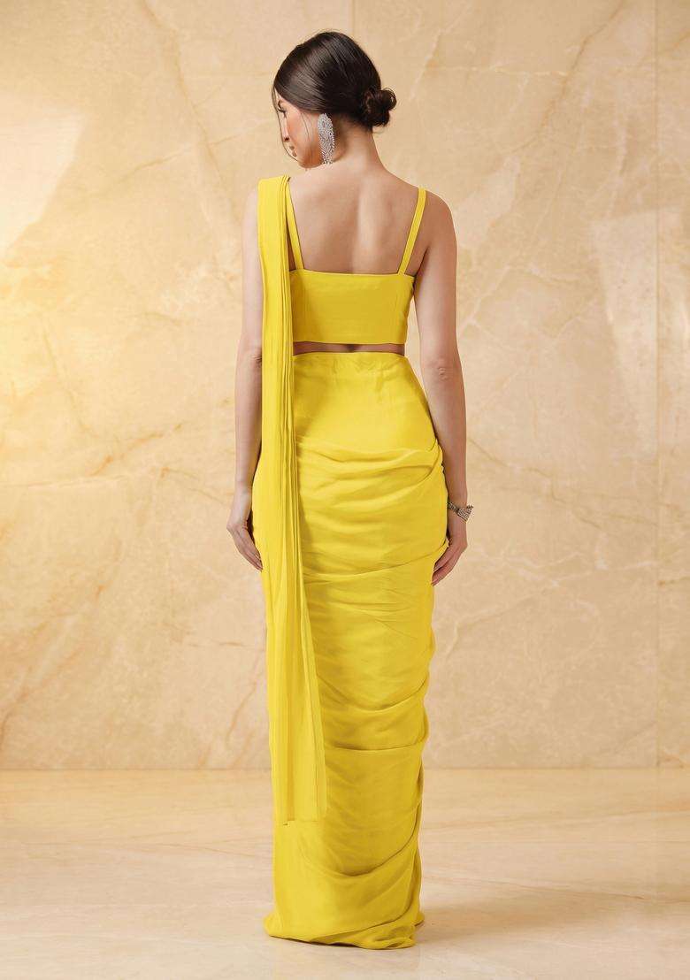 Lemon Yellow Embroidered Handwork Pre Draped Saree Set - Indya