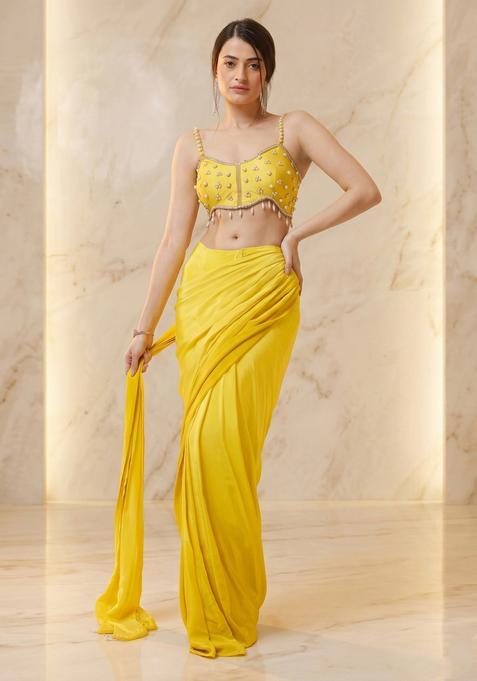 Lemon Yellow Embroidered Handwork Pre Draped Saree Set