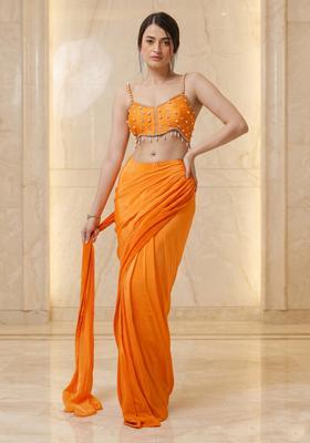 Orange Pop Embroidered Handwork Pre Draped Saree Set