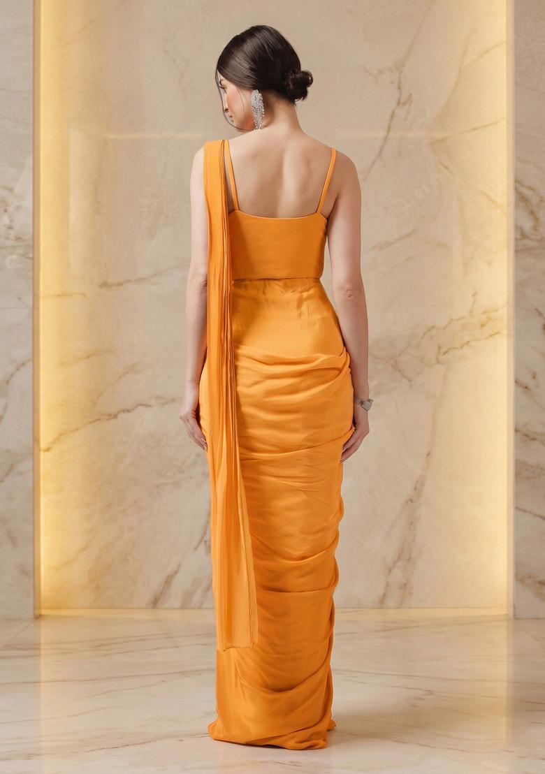 Orange Pop Embroidered Handwork Pre Draped Saree Set - Indya
