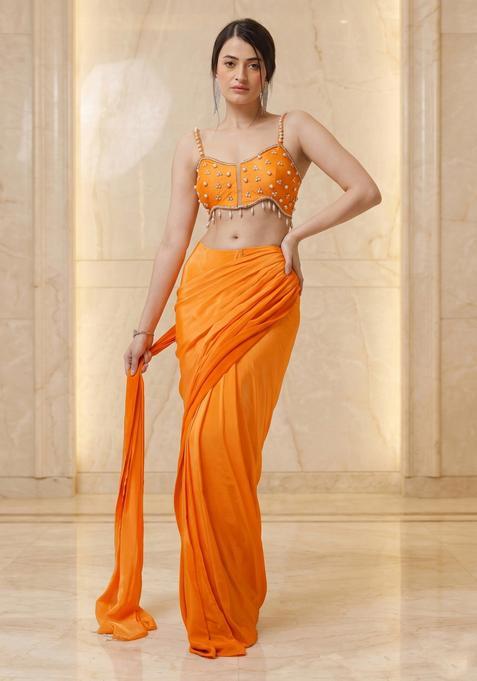 Orange Pop Embroidered Handwork Pre Draped Saree Set