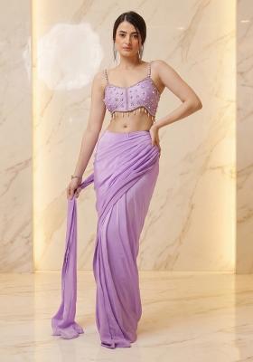 Lavender Embroidered Handwork Pre Draped Saree Set