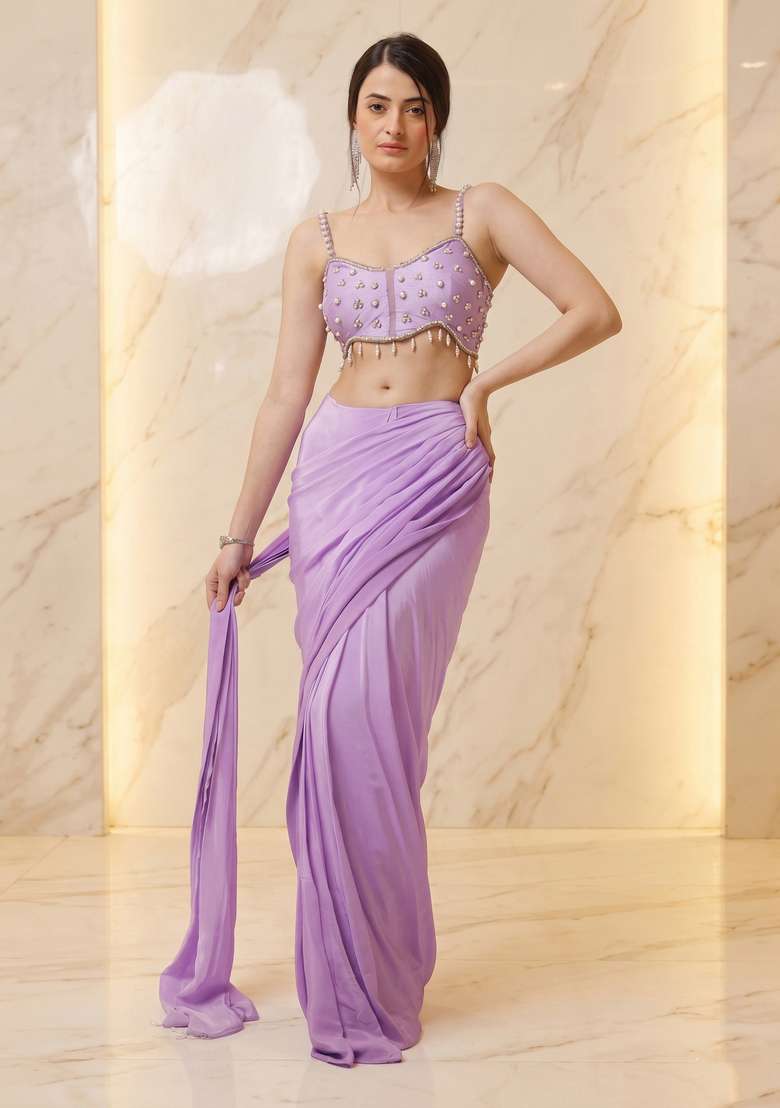 Lavender Embroidered Handwork Pre Draped Saree Set - Indya