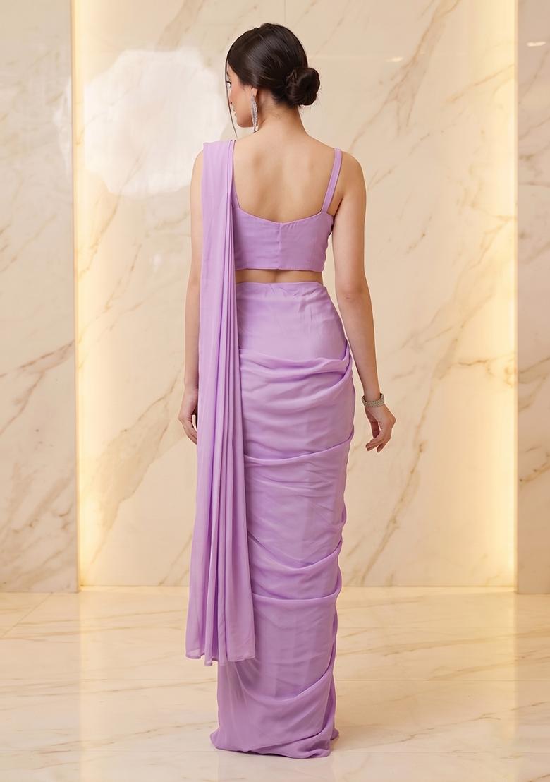 Lavender Embroidered Handwork Pre Draped Saree Set - Indya