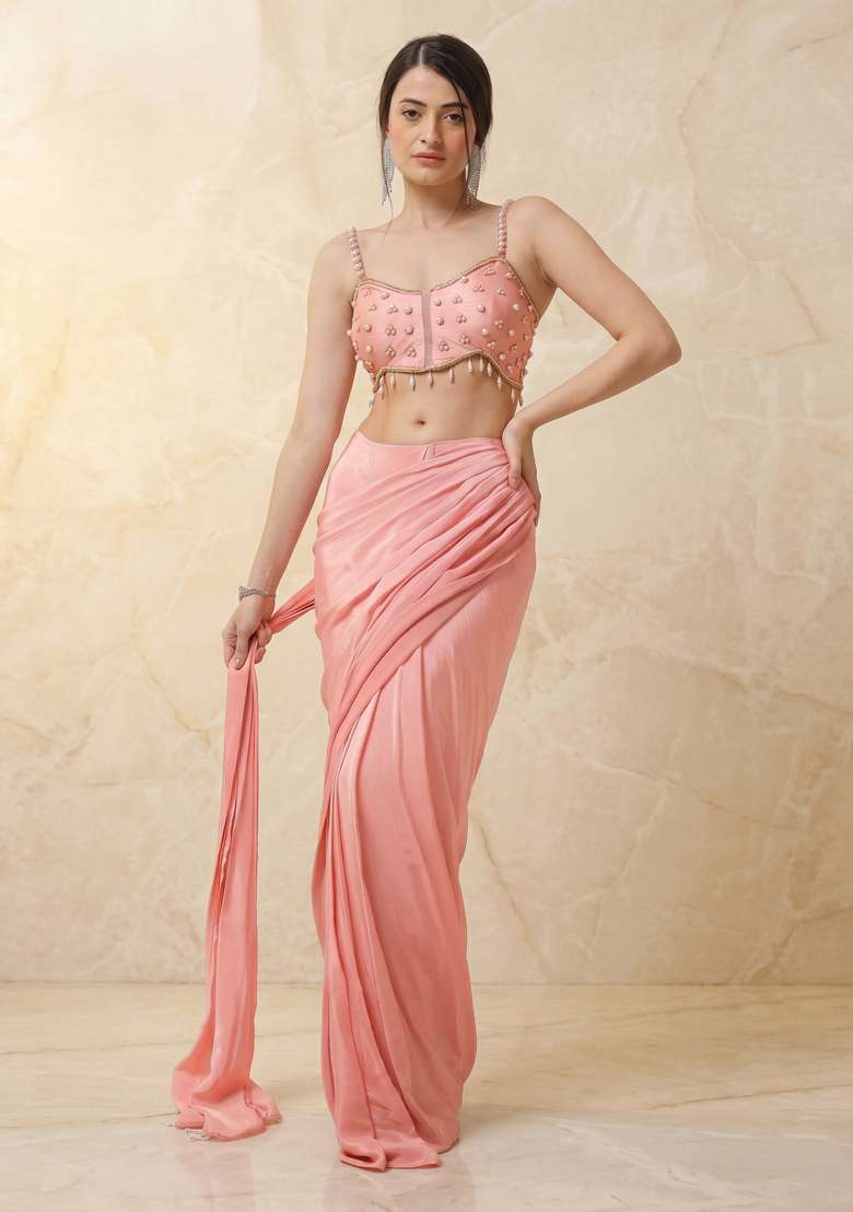 Pastel Peach Embroidered Handwork Pre Draped Saree Set - Indya