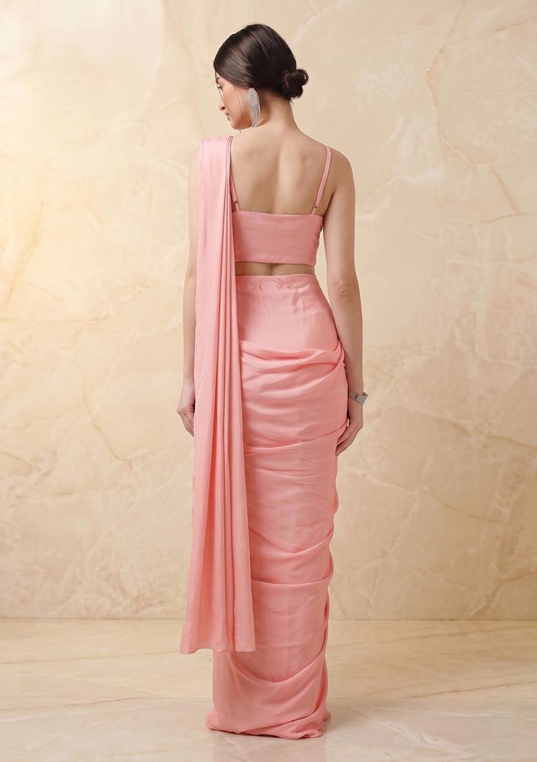 Pastel Peach Embroidered Handwork Pre Draped Saree Set - Indya