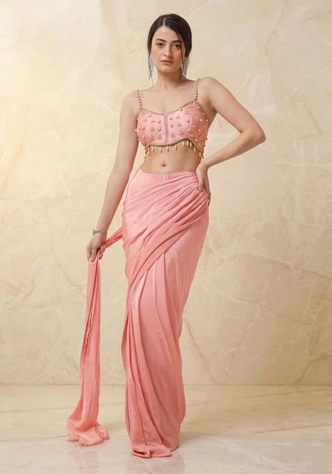 Pastel Peach Embroidered Handwork Pre Draped Saree Set