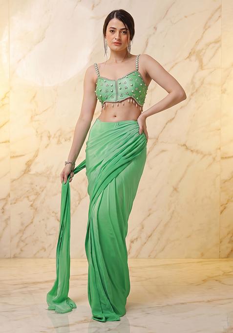 Spring Green Embroidered Handwork Fusion Set
