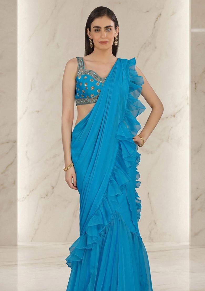 Blue Embroidered Handwork Fusion Set - Indya