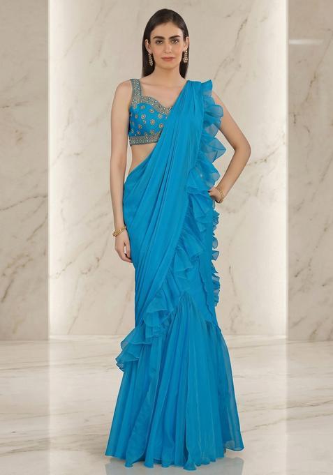 Blue Embroidered Handwork Fusion Set