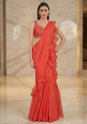 Coral Embroidered Handwork Pre Draped Saree Set