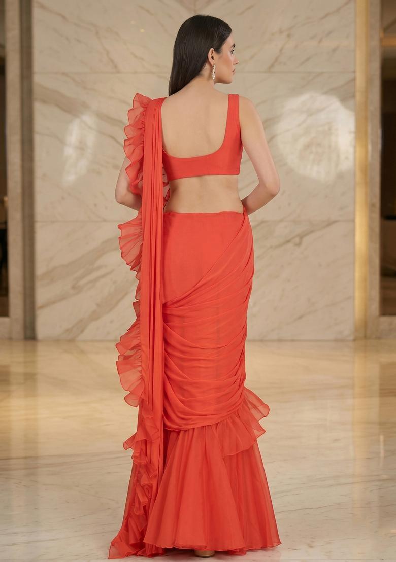 Coral Embroidered Handwork Pre Draped Saree Set - Indya