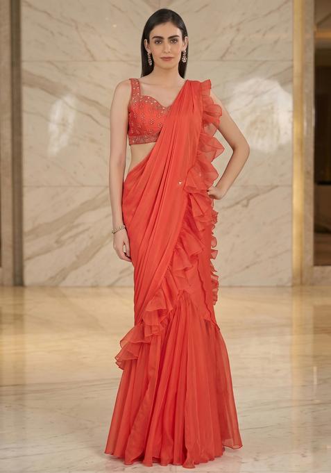 Coral Embroidered Handwork Pre Draped Saree Set