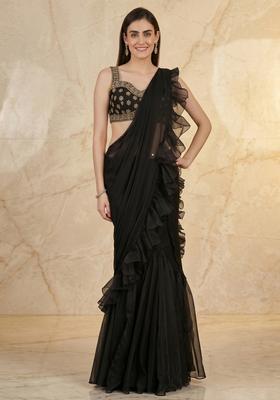 Black Embroidered Handwork Pre Draped Saree Set