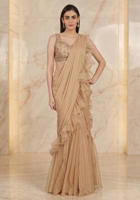 Beige Embroidered Handwork Pre Draped Saree Set