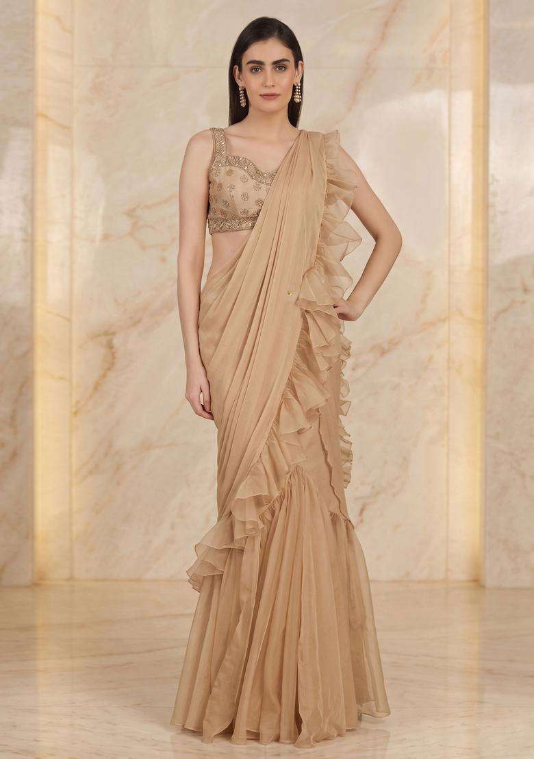 Beige Embroidered Handwork Pre Draped Saree Set - Indya
