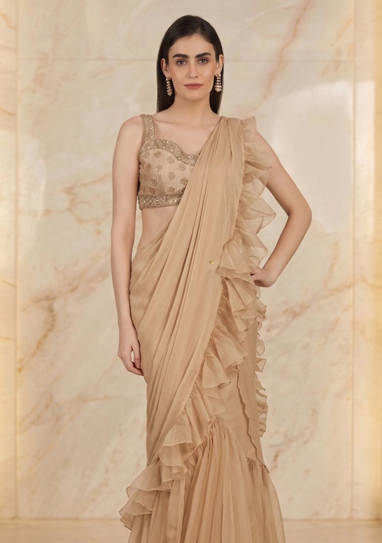 Beige Embroidered Handwork Pre Draped Saree Set - Indya