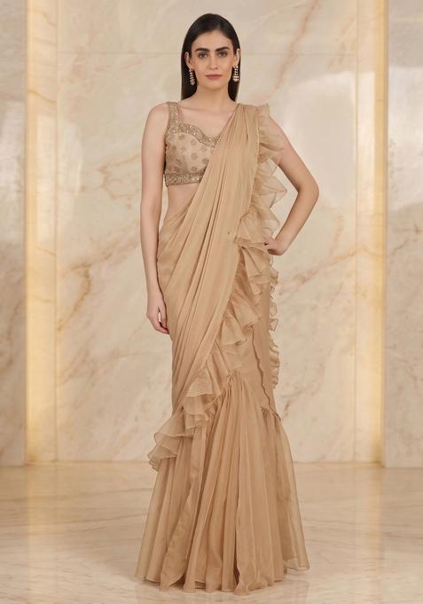 Beige Embroidered Handwork Pre Draped Saree Set