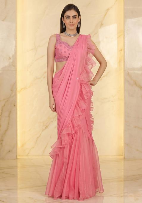 Salmon Pink Embroidered Handwork Pre Draped Saree Set