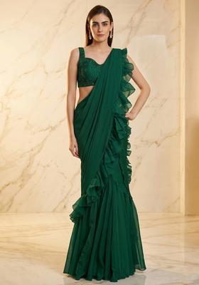 Bottle Green Embroidered Handwork Pre Draped Saree Set