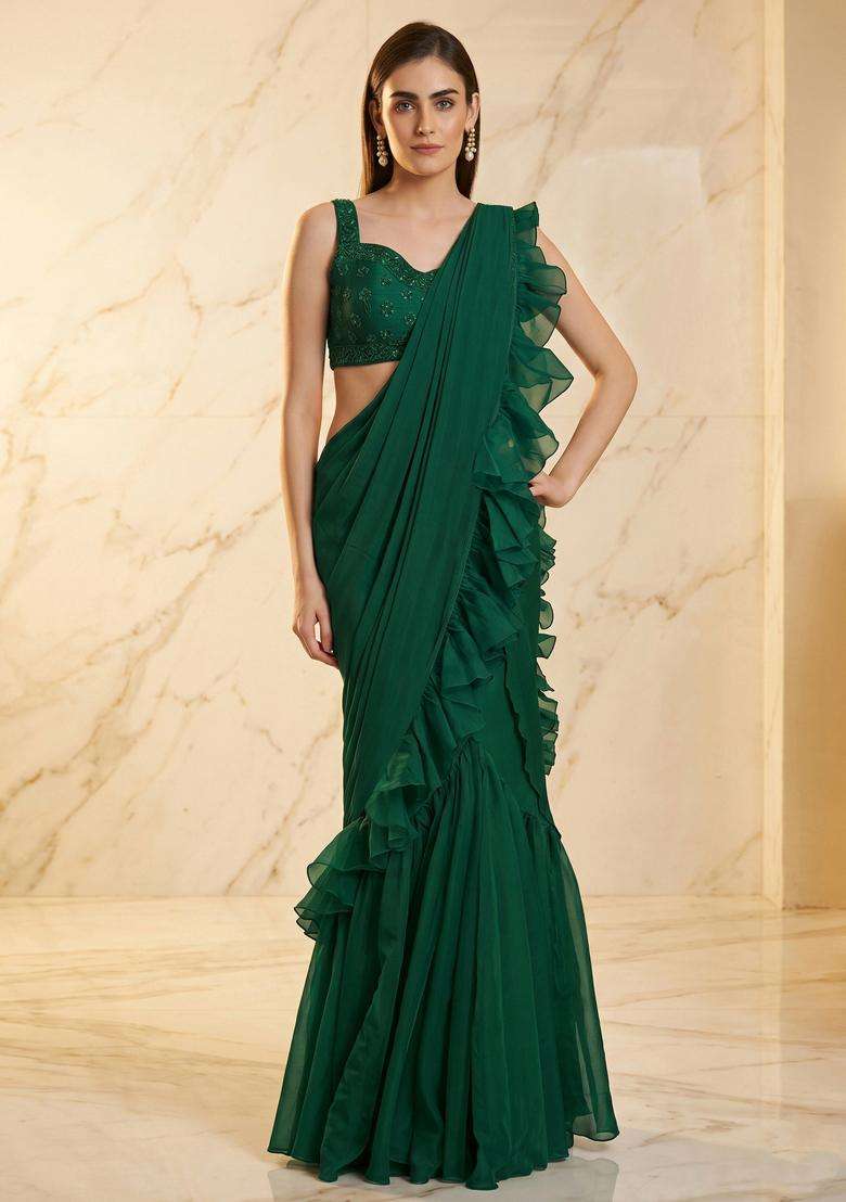 Bottle Green Embroidered Handwork Pre Draped Saree Set - Indya