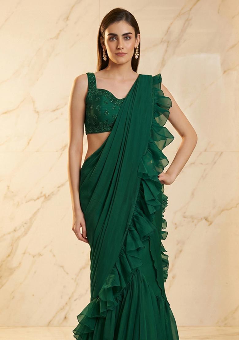 Bottle Green Embroidered Handwork Pre Draped Saree Set - Indya