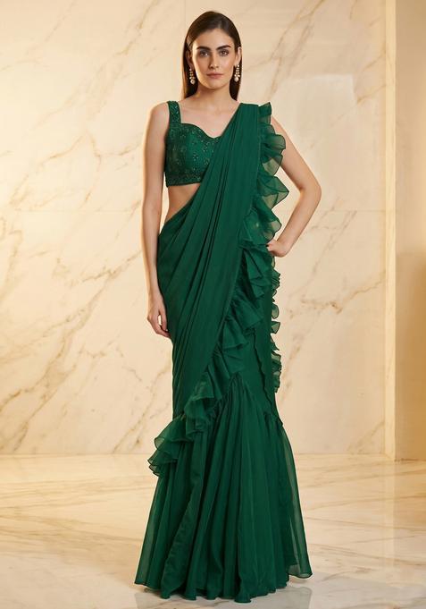 Bottle Green Embroidered Handwork Pre Draped Saree Set