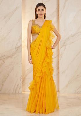 Yellow Embroidered Handwork Pre Draped Saree Set