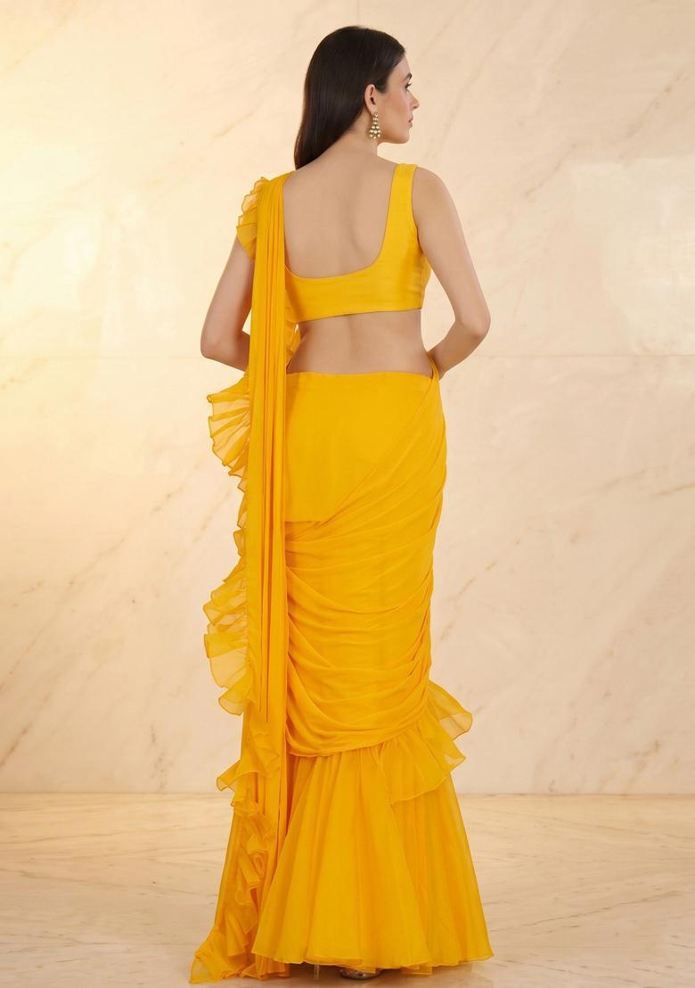 Yellow Embroidered Handwork Pre Draped Saree Set - Indya