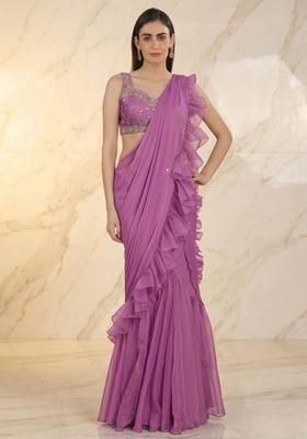 Purple Embroidered Handwork Pre Draped Saree Set