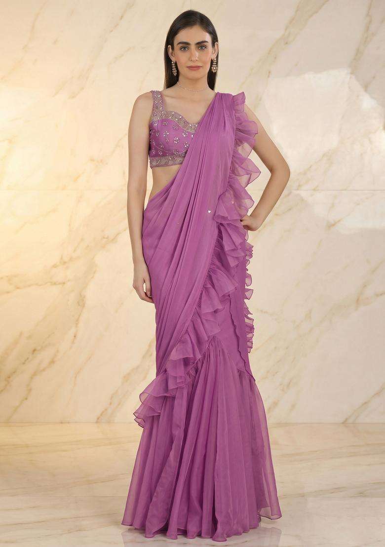 Purple Embroidered Handwork Pre Draped Saree Set - Indya