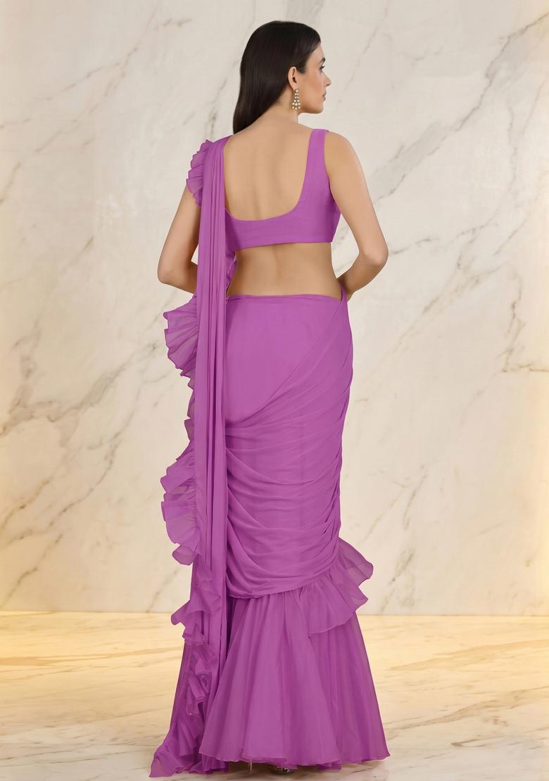 Purple Embroidered Handwork Pre Draped Saree Set - Indya