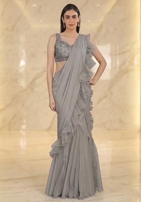 Silver Grey Embroidered Handwork Pre Draped Saree Set