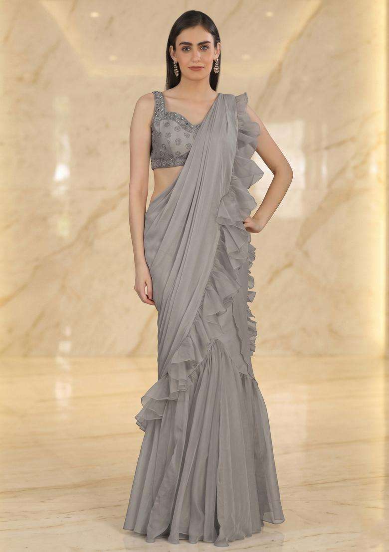 Silver Grey Embroidered Handwork Pre Draped Saree Set - Indya