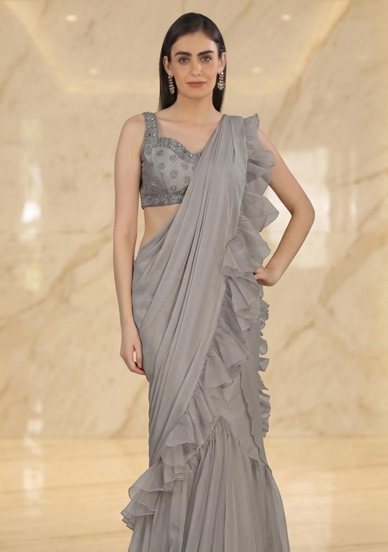 Silver Grey Embroidered Handwork Pre Draped Saree Set - Indya